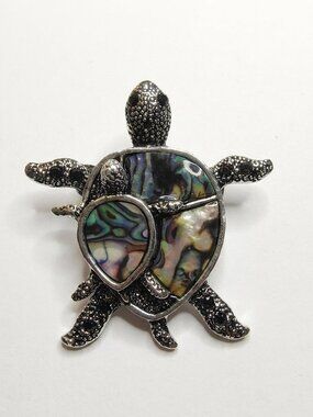 Turtle Brooch Simulated Abalone Shell Inlay Silver Tone Sea Life Pin 1.75”
